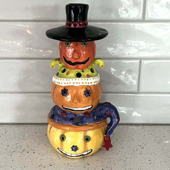 Halloween Porcelain Stacked Pumpkins Jack O Lanterns Tea Light Candle 11" x 5.5" - Picture 1 of 8